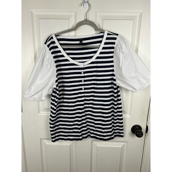 Talbots XL Blue White Stripe Cotton Short Balloon Sleeve Blouse Top Preppy - Picture 4 of 5